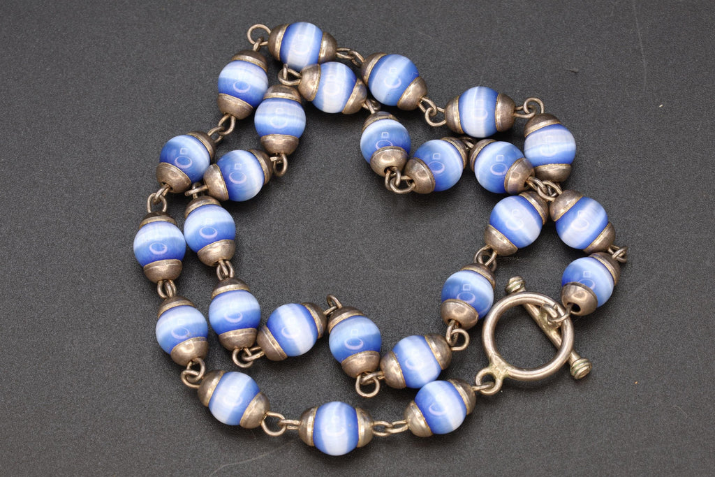 Blue Cats Eye Glass Necklace, 925 Sterling Silver And Round Cap End Capsule Link, Modernist Jewelry Unisex, Round Beaded Chain Collar