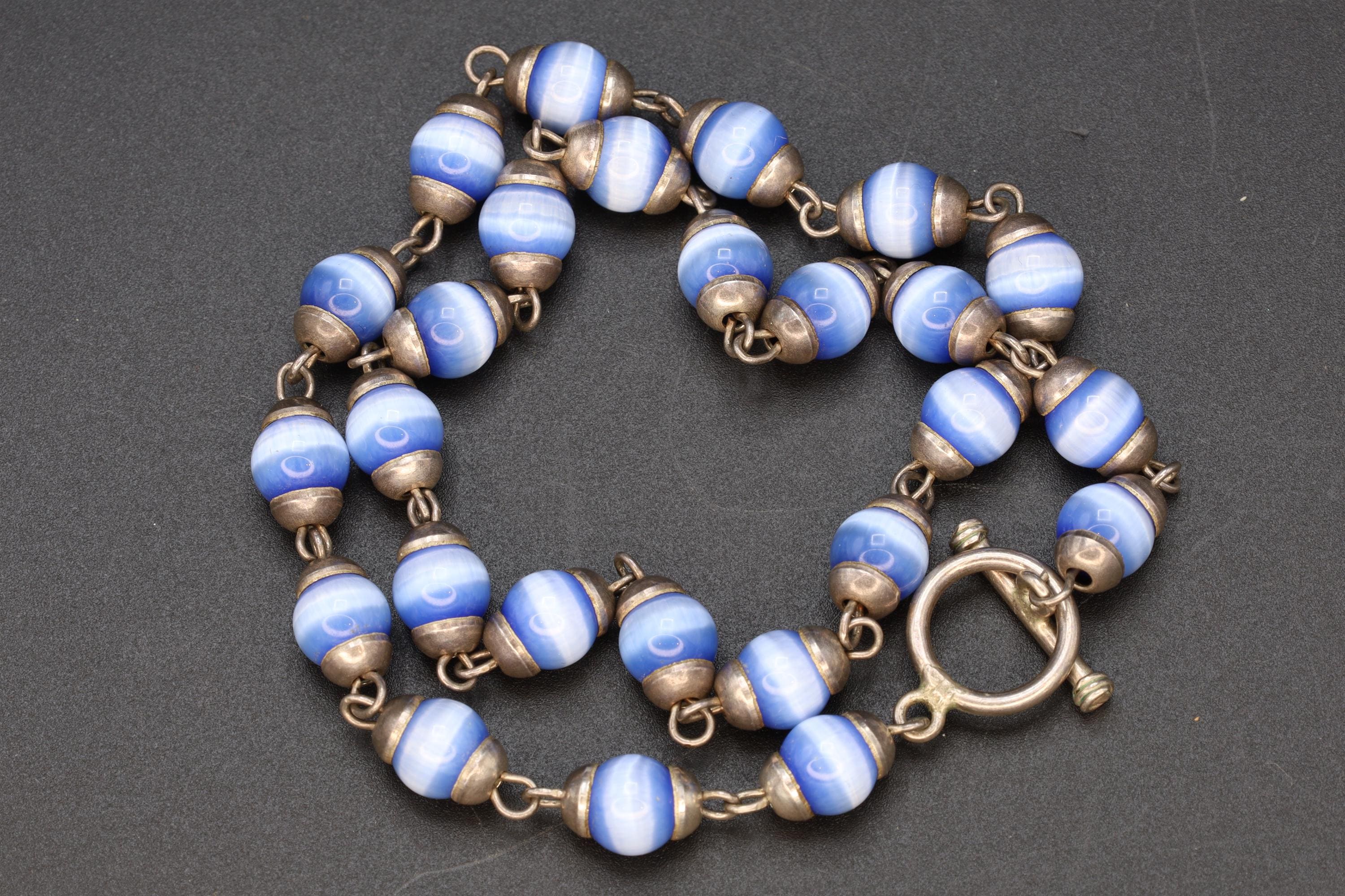 Blue Cats Eye Glass Necklace, 925 Sterling Silver And Round Cap End Capsule Link, Modernist Jewelry Unisex, Round Beaded Chain Collar