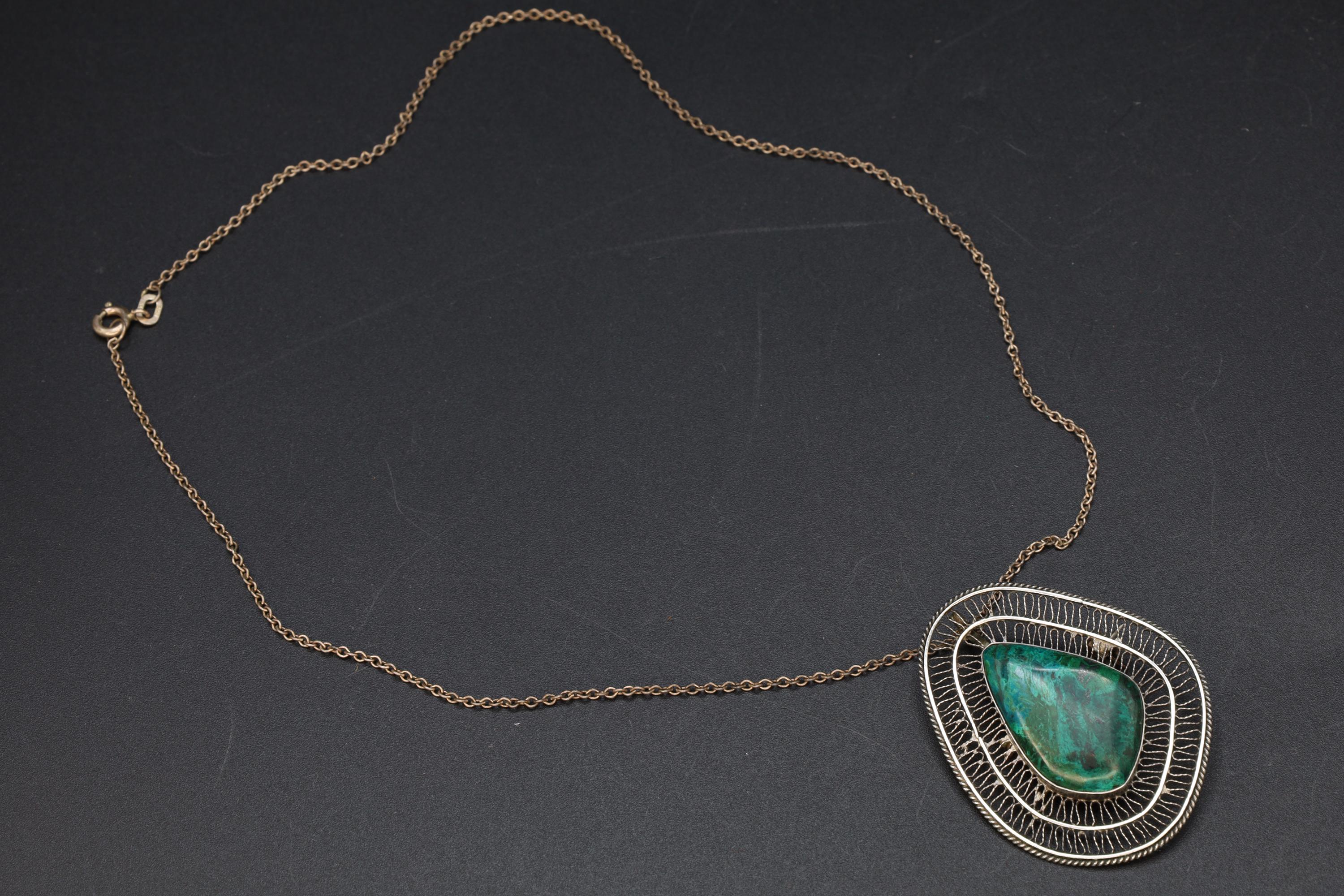 Vintage 1950s Israel Jewelry, 925 Sterling Silver And  Eilat Stone Pendant Necklace, Cannetille Wirework, Middle East Fashion Accessories