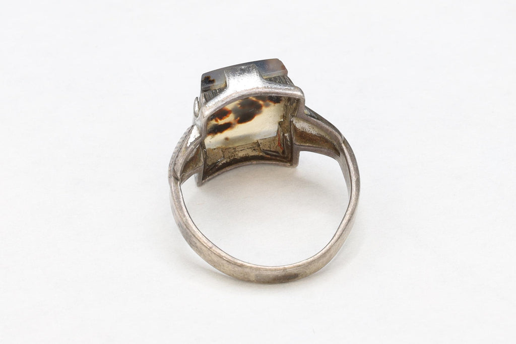 Uncas Jewelry, Sterling Silver And Moss Agate Ring Size 4 With Jeweler Hallmarks, Art Deco Fashion Accessories, Retro Americana