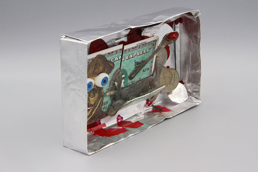 The Hidden Crimes of Mister Archbishop, Diorama Box FIgurine, Mixed Media Art Object, Punk Religious Art, Recycled Trash, Money Silver Coins