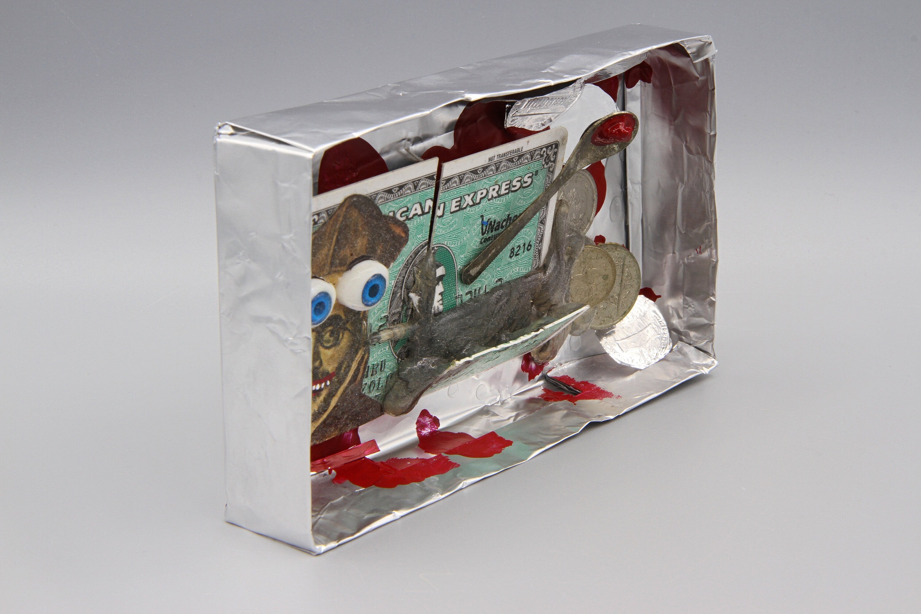 The Hidden Crimes of Mister Archbishop, Diorama Box FIgurine, Mixed Media Art Object, Punk Religious Art, Recycled Trash, Money Silver Coins