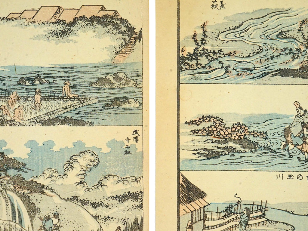 Katsushika Hokusai, Late 18th Century Woodblock Art Print, Rural Onsen And Villages, Japanese Ukiyo-e Book Pages
