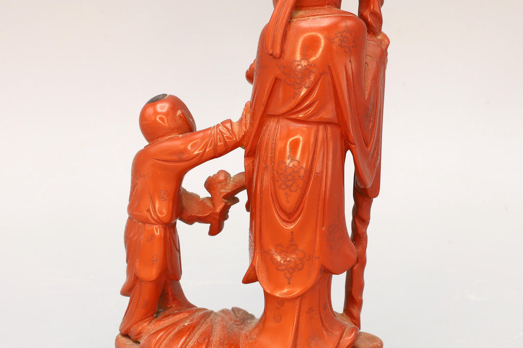 Japanese Hand Carved Wood Figure With An Old Scholar And A Young Companion Student, A Child Pupil, Buddhist Oriental Arts And Crafts