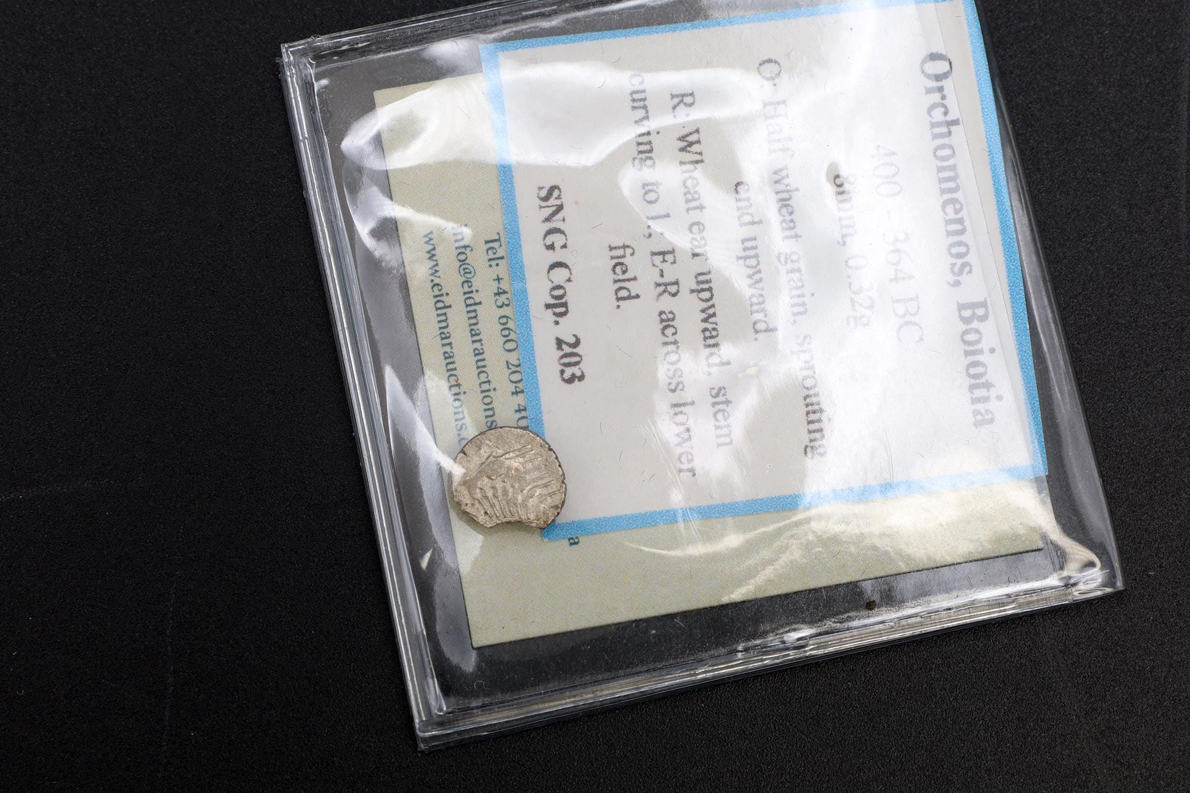 Orchomenos Boeotia Coin, Ancient Greece 400 To 364 BCE Silver Hemiobol With Half Wheat Grain, Ivy Leaf Above, Collectibles And Numismatics