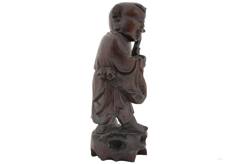 Vintage 1930s Japanese Wood Carved Statuette Of A Young Budai With Lotus Flower. Inlaid Eyes, Oriental Folk Arts And Crafts