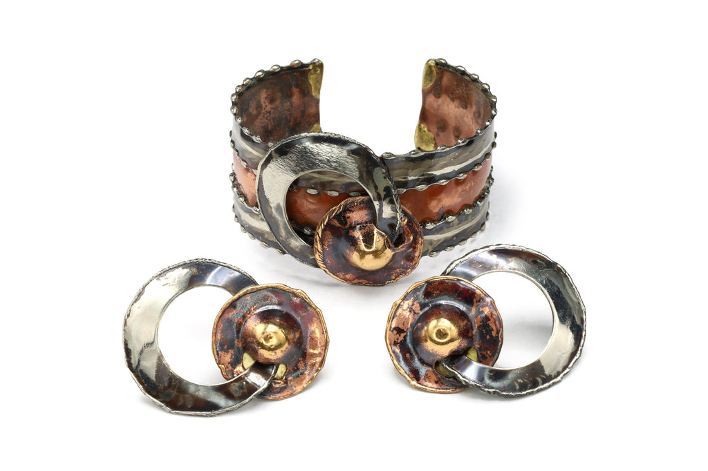 Jewelry Set By Ndebele Women Of South Africa, A Cuff Bracelet And Matching Large Pierced Stud Earrings, Mixed Media Metals, Brutalist Design