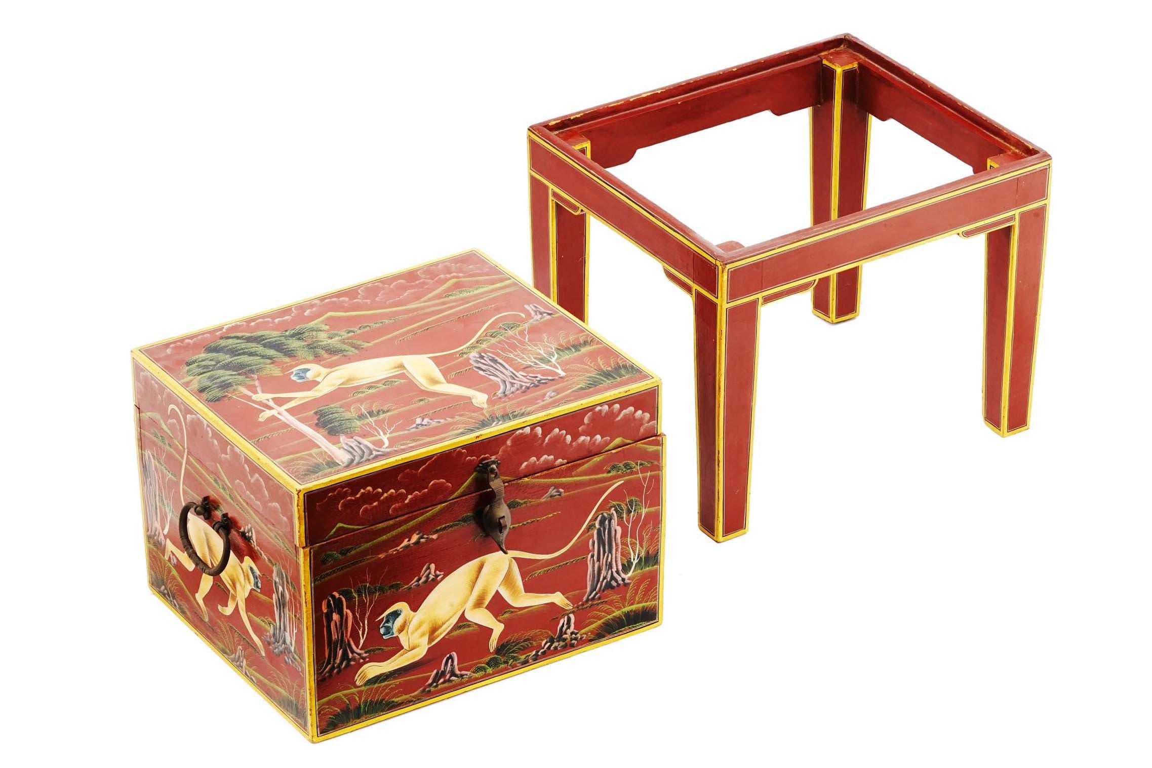 Small Wooden Lidded Cabinet Box Adorned With Oriental Folk Art, Hand Painted Rajasthan Monkeys, Vintage 1970s Chinoiserie Furniture