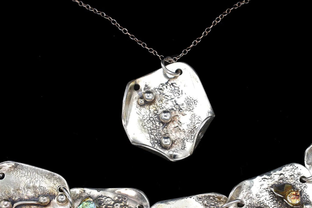 Elegant Brutalist Jewelry Set, 925 Sterling Silver And Foiled Glass Cabochons, Vintage Modernist Fashion