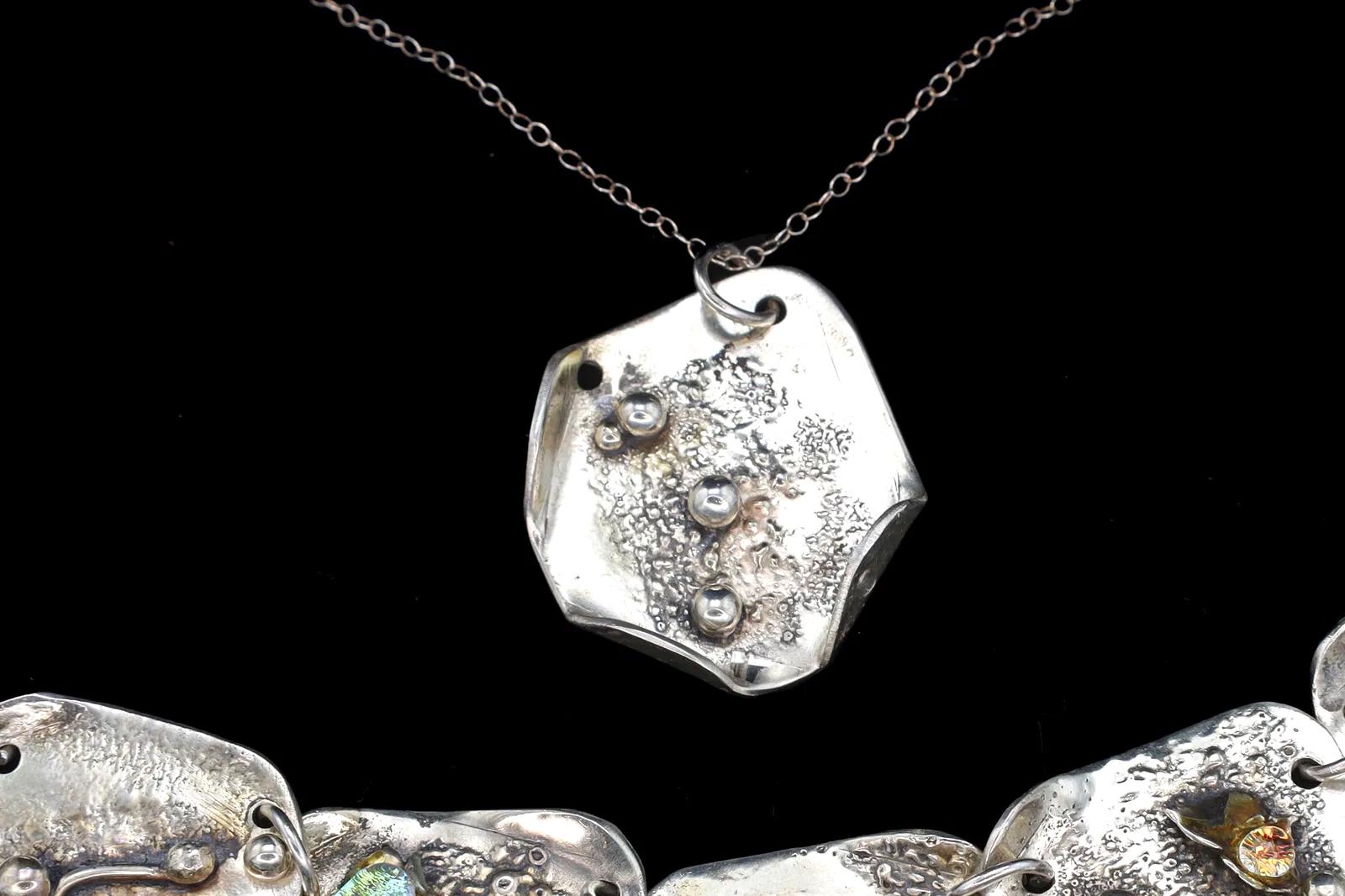 Elegant Brutalist Jewelry Set, 925 Sterling Silver And Foiled Glass Cabochons, Vintage Modernist Fashion