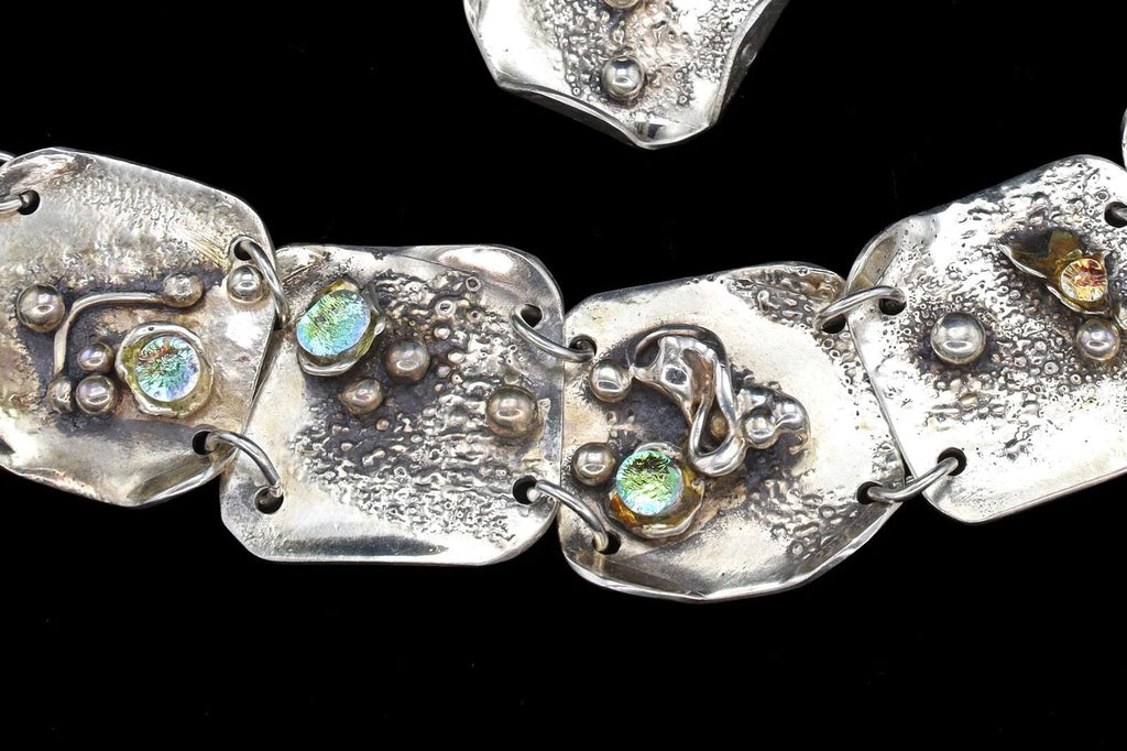 Elegant Brutalist Jewelry Set, 925 Sterling Silver And Foiled Glass Cabochons, Vintage Modernist Fashion