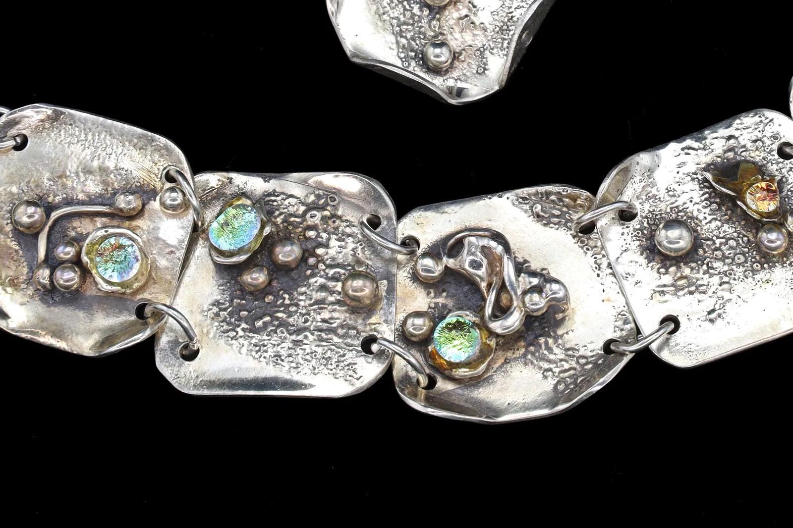 Elegant Brutalist Jewelry Set, 925 Sterling Silver And Foiled Glass Cabochons, Vintage Modernist Fashion