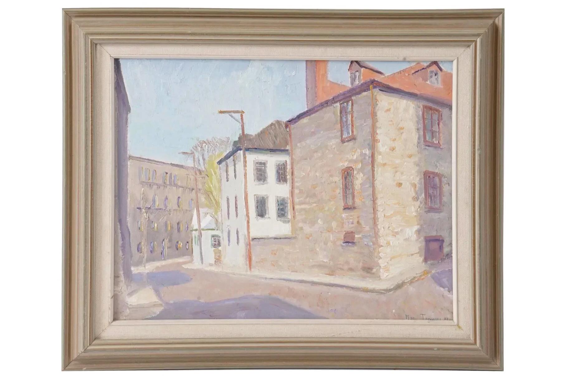 Vintage 1983 Art Painting Signed By Marc Tanguay. Oil On Board Depicting Vitry Sur Seine, Paris City Street, Architecture