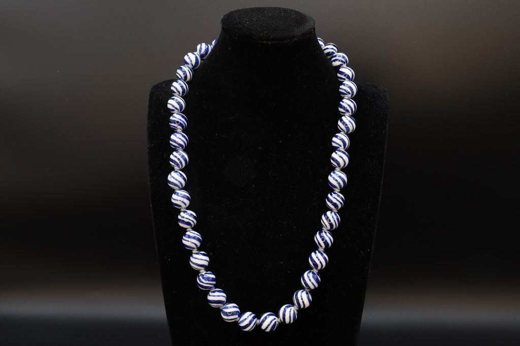 Art Deco Porcelain Beaded Necklace With Watermelon Blue And White Ball Round Beads. Chinese Exports Circa 1930s. Hand Knotted Folk Jewelry