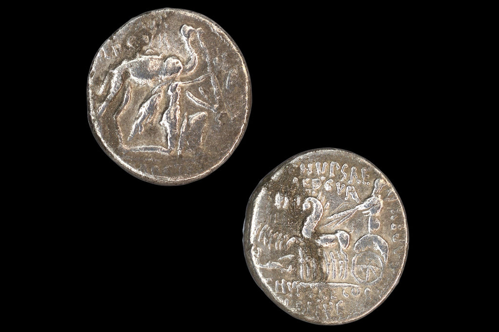 Ancient Roman Republic, Silver Denarius Coin, Surrender Of King Aretas III Of Nabatea, Camel And Cuadriga, Numismatics And Antiquities