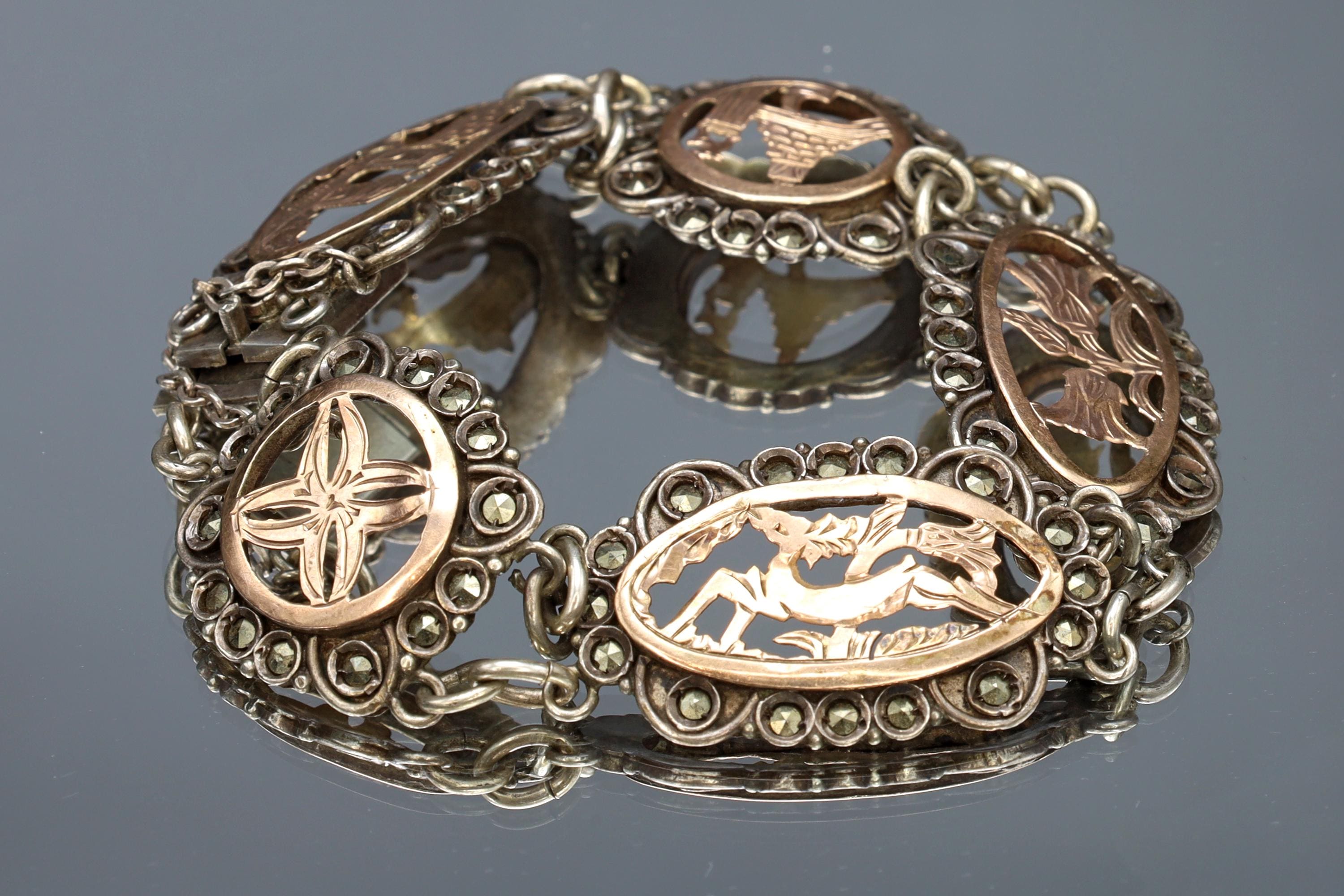 Art Deco Panel Bracelet, 900 Silver And Rose Gold. Greek Jewelry From The Mid Century, Landmarks Of Greece And Aegean Islands, Marcasite