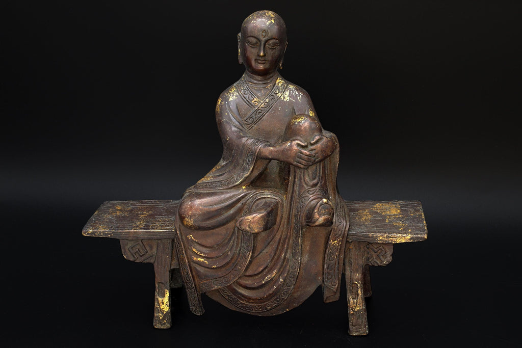 Amitabha Buddha Sitting On The Bench Enshrine, Meditating Bodhisattva, Early 20th Century Republic Period. Oriental Sculpture Art