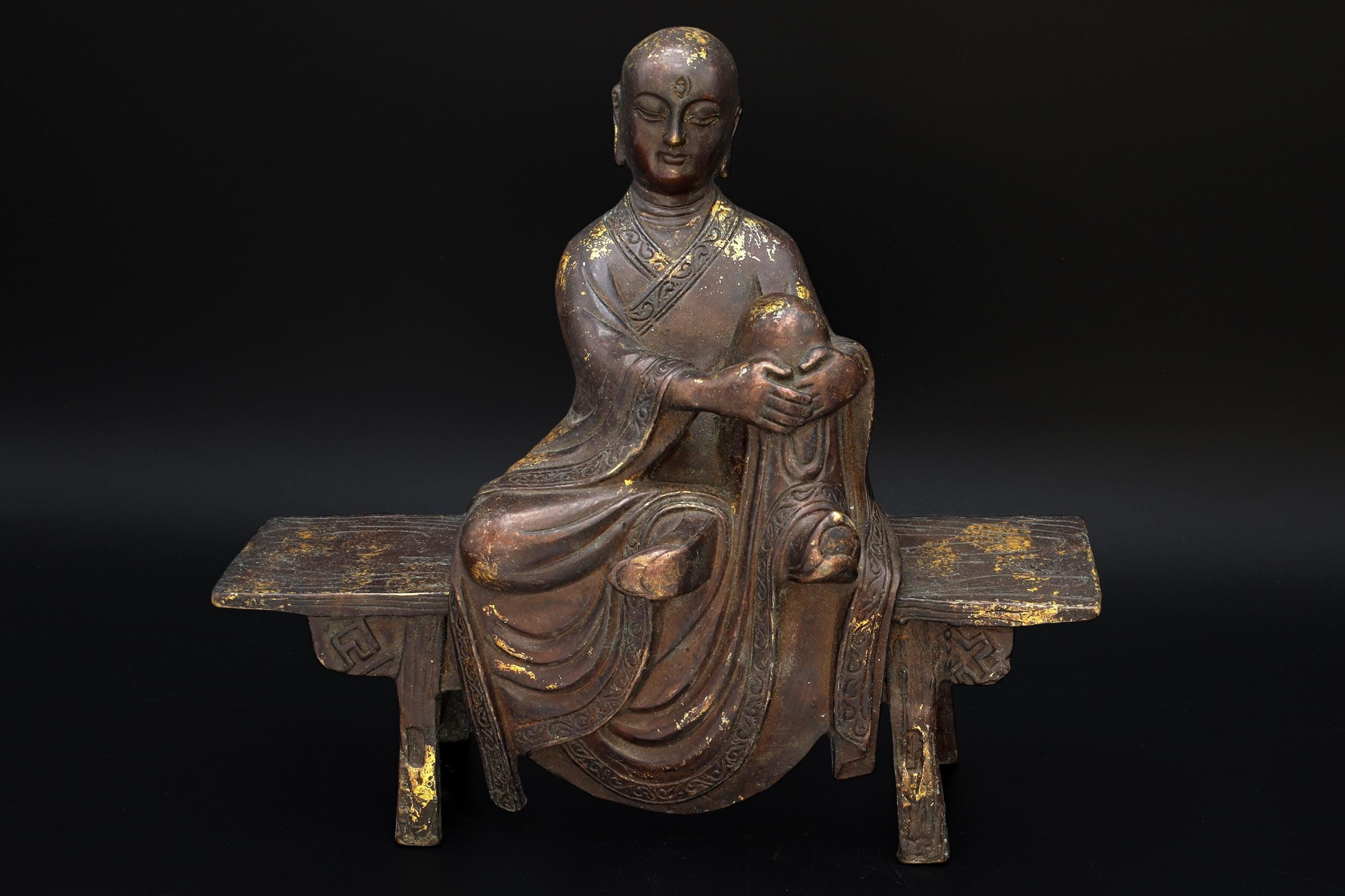 Amitabha Buddha Sitting On The Bench Enshrine, Meditating Bodhisattva, Early 20th Century Republic Period. Oriental Sculpture Art