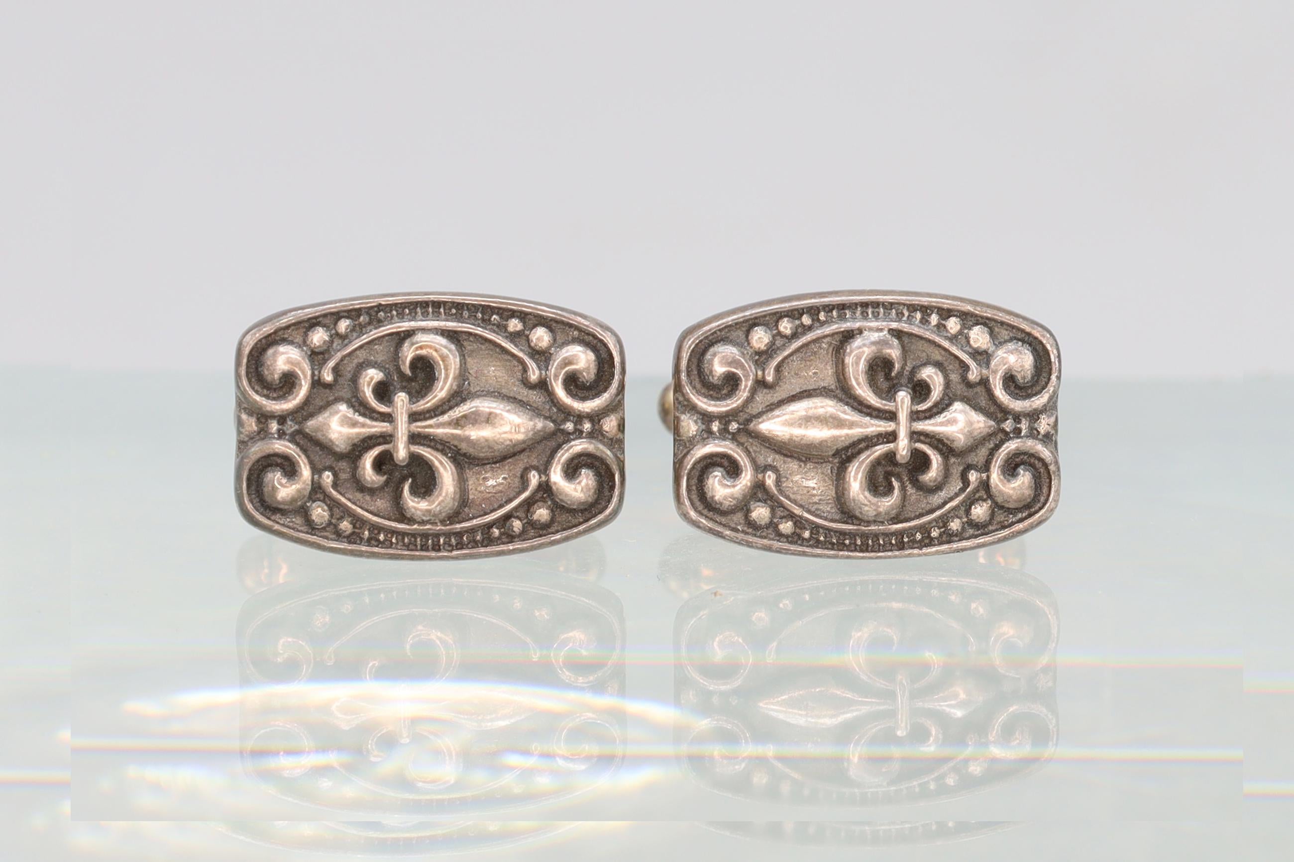 Fleur de Lis France, Mens Jewelry Cufflinks, Vintage 925 Sterling Silver Minerva Hallmark Cuff Links Pair, Fashion Accessories Unisex Attire