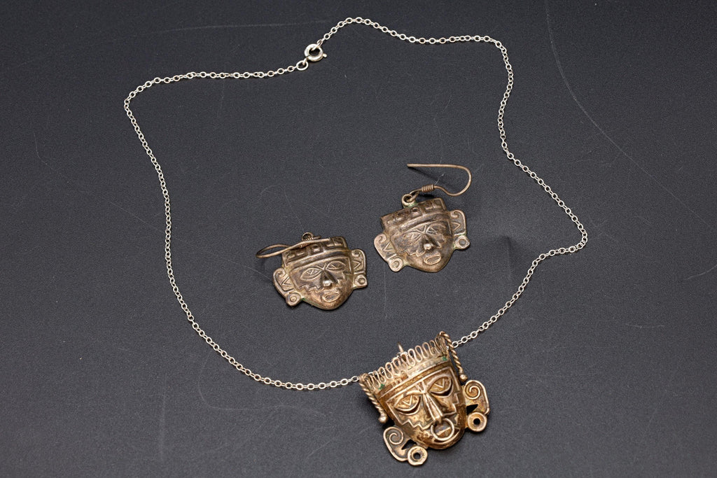 Vintage 1940s Jewelry Set, Neo Aztec Pendant Necklace And Dangle Earrings, Art Deco Pre-Columbian Designs, Mexican 925 Sterling Silver
