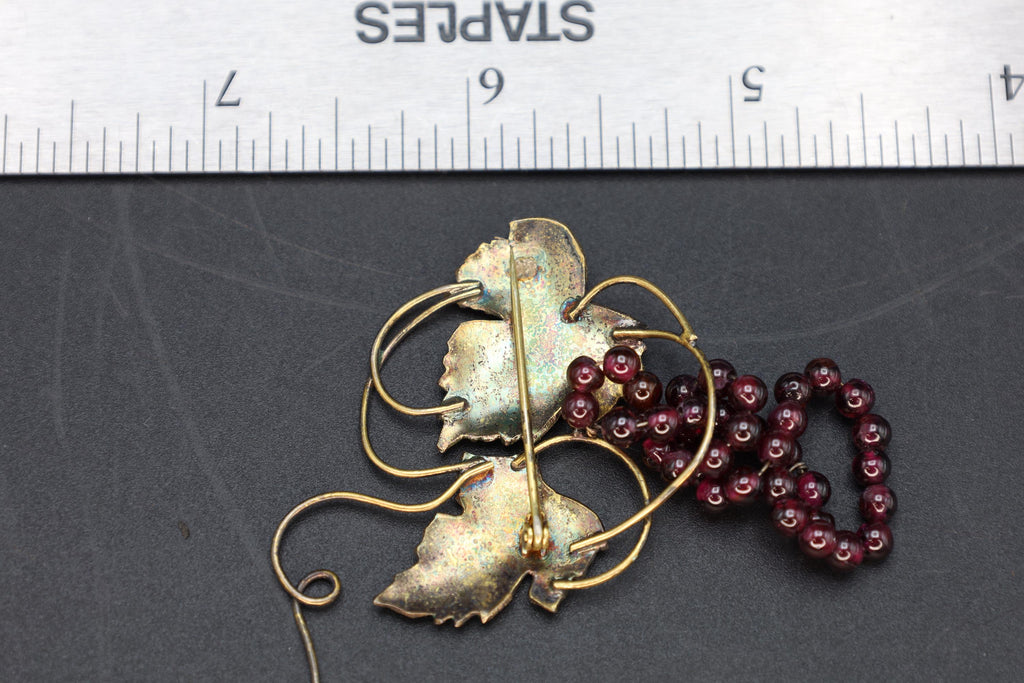 Grapes And Vine Brooch, Vintage 1970s Figural Jewelry, Vermeil Sterling Silver, Green Enamel And Round Red Garnet Beads, Fashion Accessories