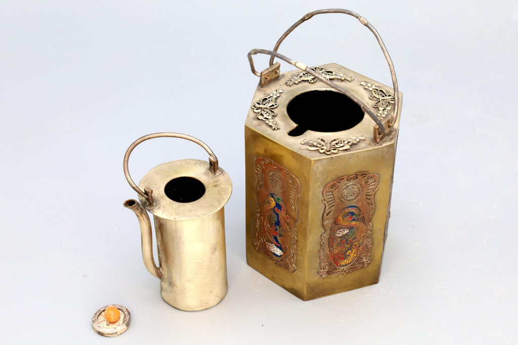 Antique 1900s Chinese Teapot, Used As Sake Warmer Pot Jug, Mixed Metals, Brass And Enamel, Oriental Arts And Crafts, East Asia Decor