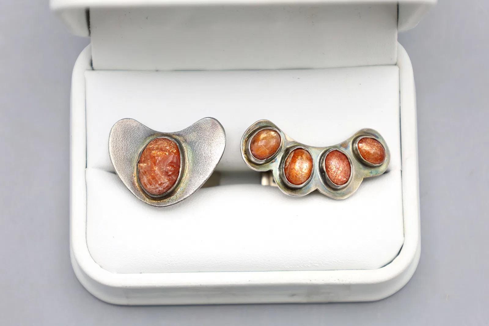 Vintage Mid Century Silver Cufflinks, Mens Jewelry In Modernist Style, Orange Goldstone Cabochons