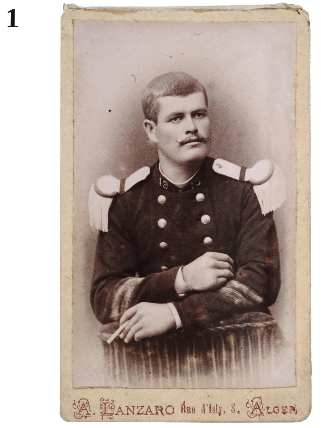 Antique 19th Century French Military Carte de Visite Photographs, Pair Of 1890s Cabinet Portraits Of Young Male Soldiers, North Africa