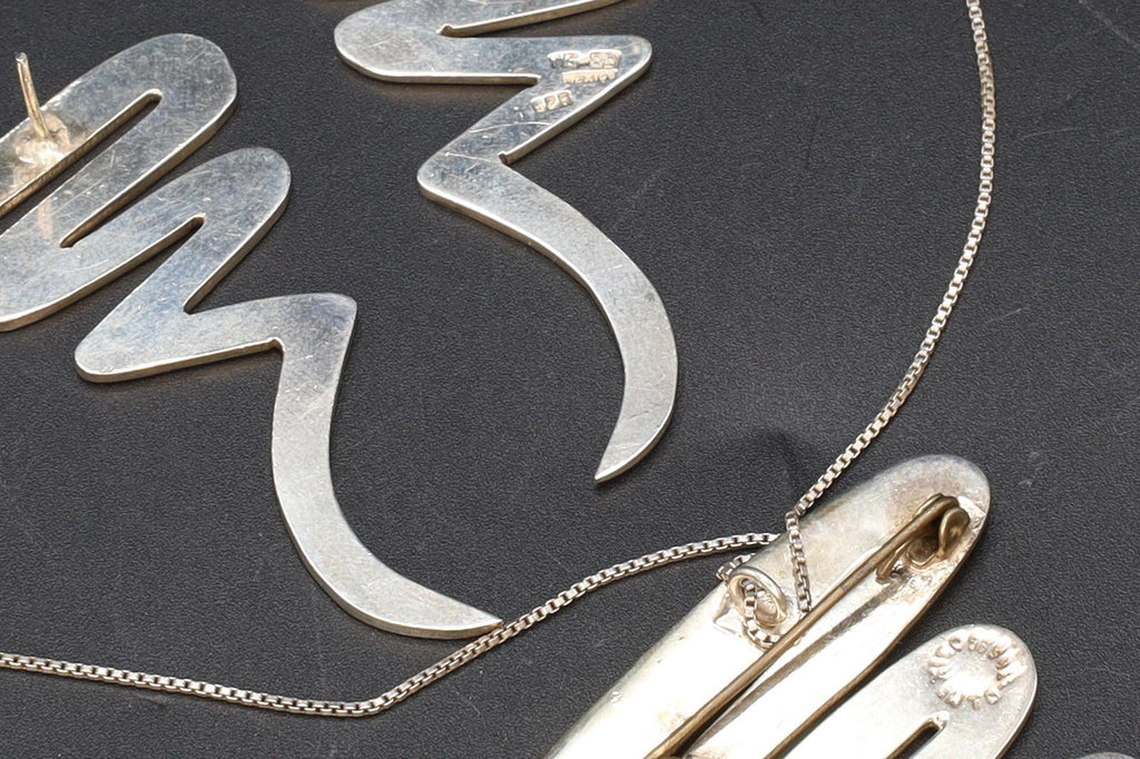Scribble Or Zig Zag, Taxco Mexico Jewelry Set, Pendant Necklace, Brooch, Matching Earrings, Modernist Jewelry Designs, 925 Sterling Silver