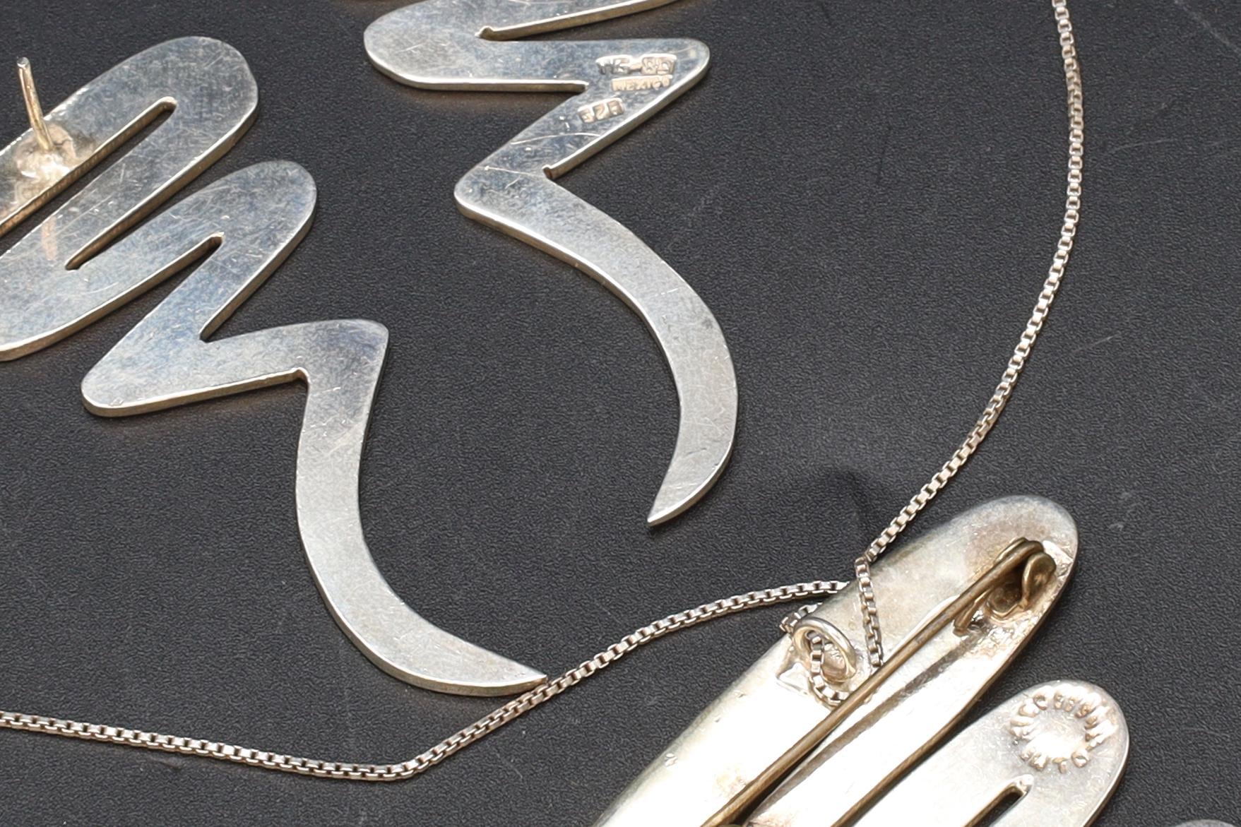 Scribble Or Zig Zag, Taxco Mexico Jewelry Set, Pendant Necklace, Brooch, Matching Earrings, Modernist Jewelry Designs, 925 Sterling Silver