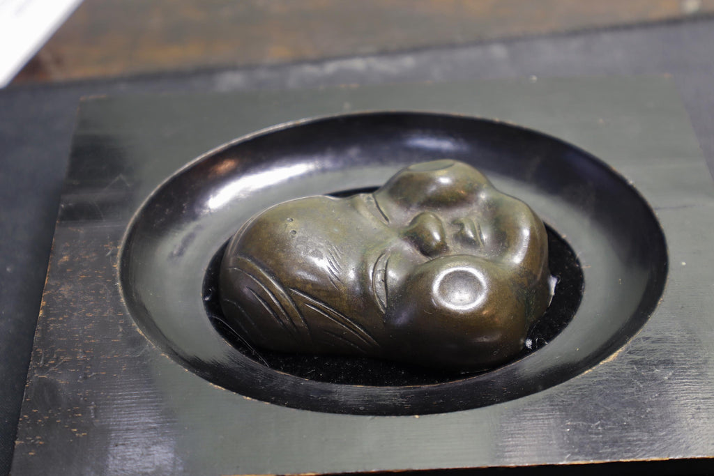 Antique Early 20th Century Taisho Era Japan Decorative Wall Hanging Mask. Okame Otafuku Bronze Miniature Figure On Art Deco Wooden Frame