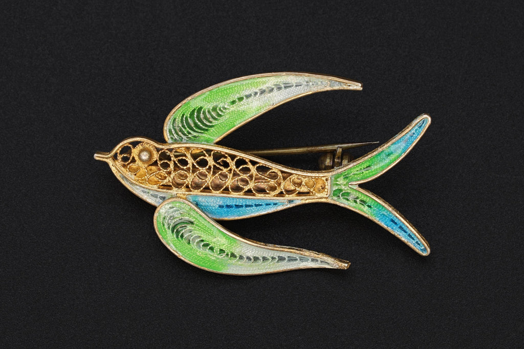 Swallow Bird Brooch, 1940s Italy Genova 78 Bragagnolo Manlio, Signed Hallmarks Italian Jewelry, 800 Silver Plique au Jour Enamel Filigree