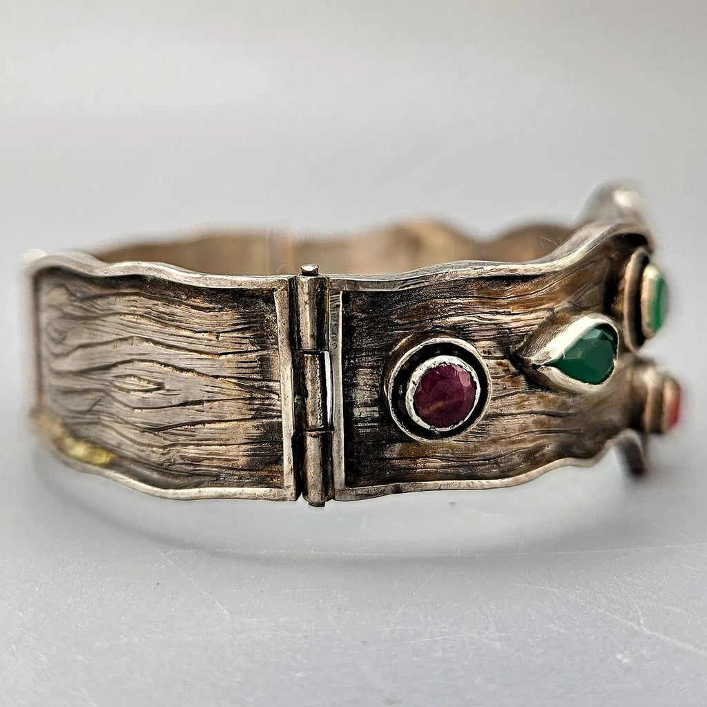 Vintage 1960s Hinged Panel Bracelet, Sterling Silver And Rubies And Emeralds, Custom Made As A Wedding Gift, London UK. Length 8 inches