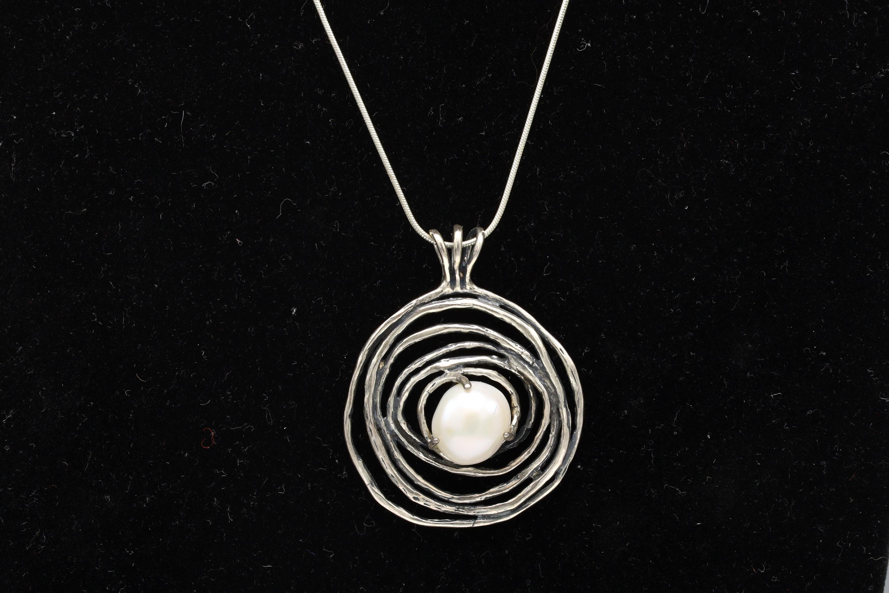 Israel Brutalist Jewelry Set With Abstract Spiral Nest 925 Silver And Round Pearl Accents, Pendant On A Cable Chain, Wire Dangle Earrings