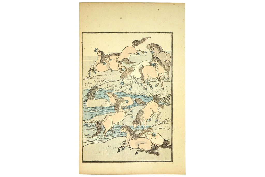 Katsushika Hokusai, Late 18th Century Woodblock Art Print, Wild Horses On The River From The Gafu Album, Japanese Ukiyo-e Book Pages