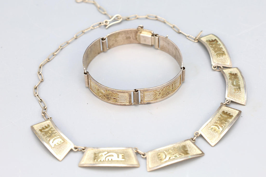 Vintage 1950s Jewelry Set, Inca Quechua 900 Silver And 18 karat Yellow Gold With Hallmarks, Necklace And Bracelet, Art Deco Fashion
