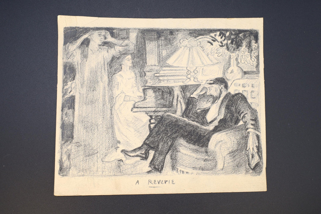 A Reverie, Victorian Parlor Evening With Piano, Antique 1900s Art Nouveau Painting On Paper By Paulo Antonini, Italian American Artist