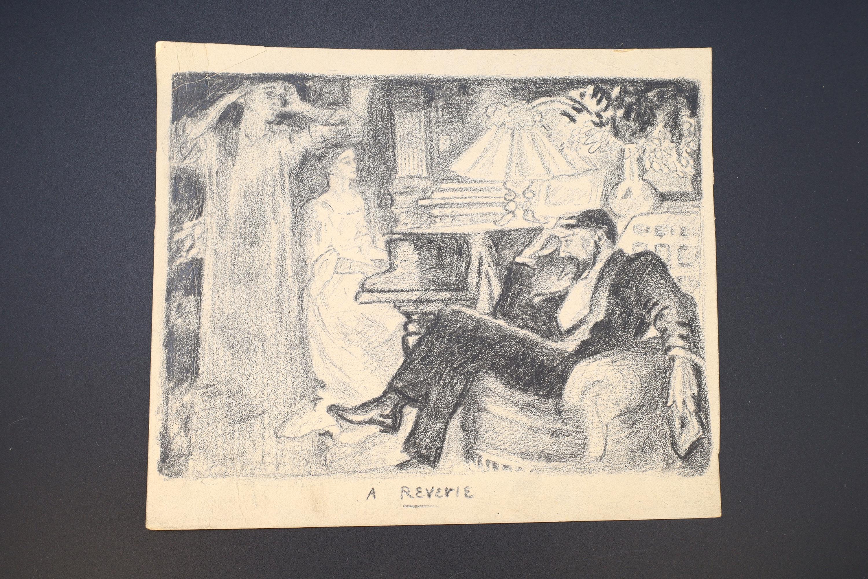 A Reverie, Victorian Parlor Evening With Piano, Antique 1900s Art Nouveau Painting On Paper By Paulo Antonini, Italian American Artist