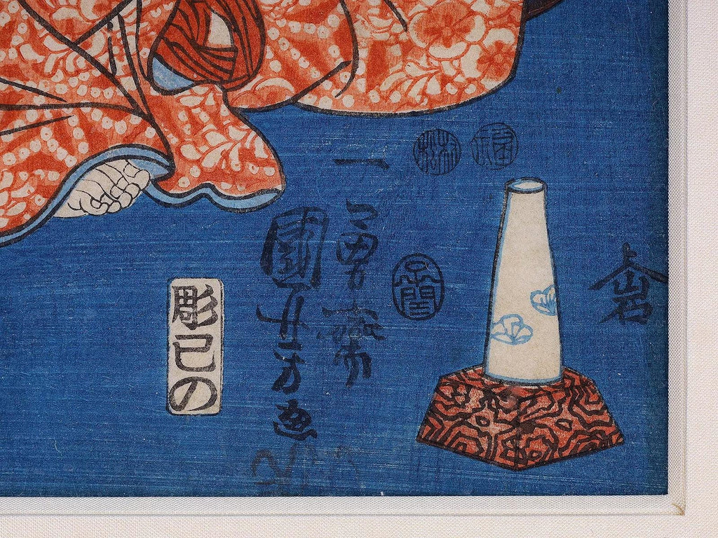Utagawa Kuniyoshi, Figure Drinking On A Tavern Terrace At Nigh, Antique Ukiyo-e Artwork, Japan Late Edo Period 19th Century