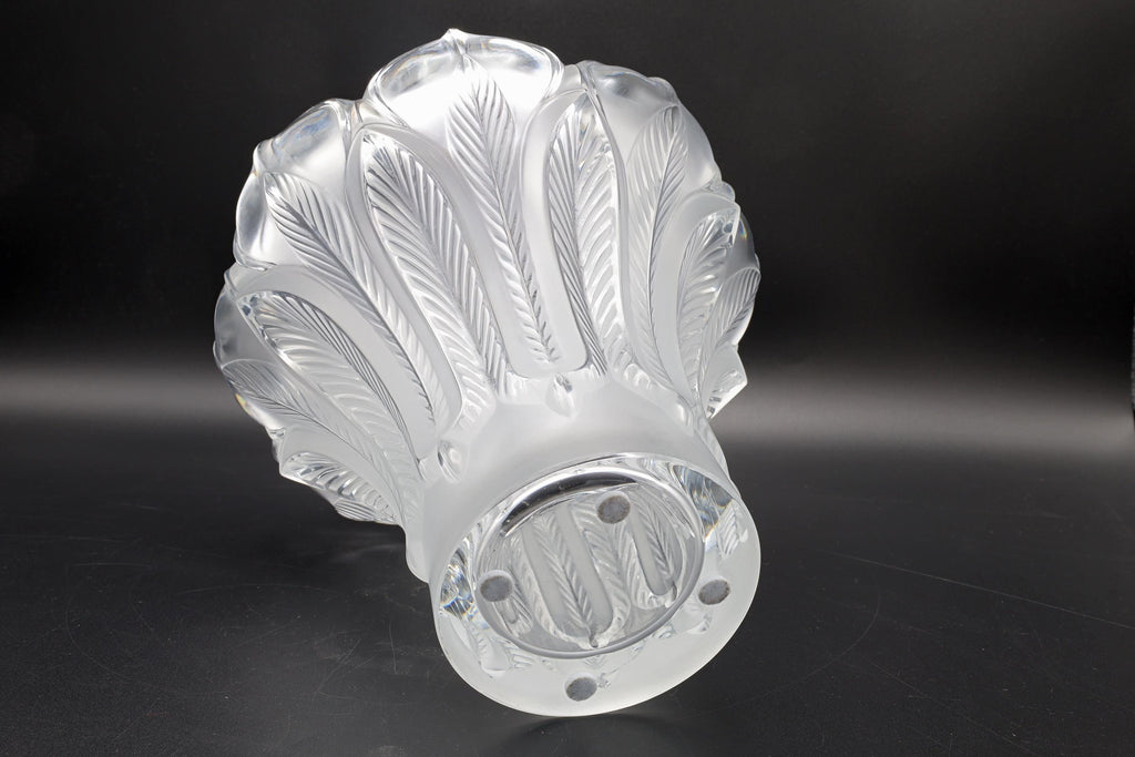 Vintage Lalique Esna Vase, Clear and Frosted Crystal Glass, 1984 Hand Signed, Peacock Feathers Vessel In Art Deco Style, Frosted Cut Glass
