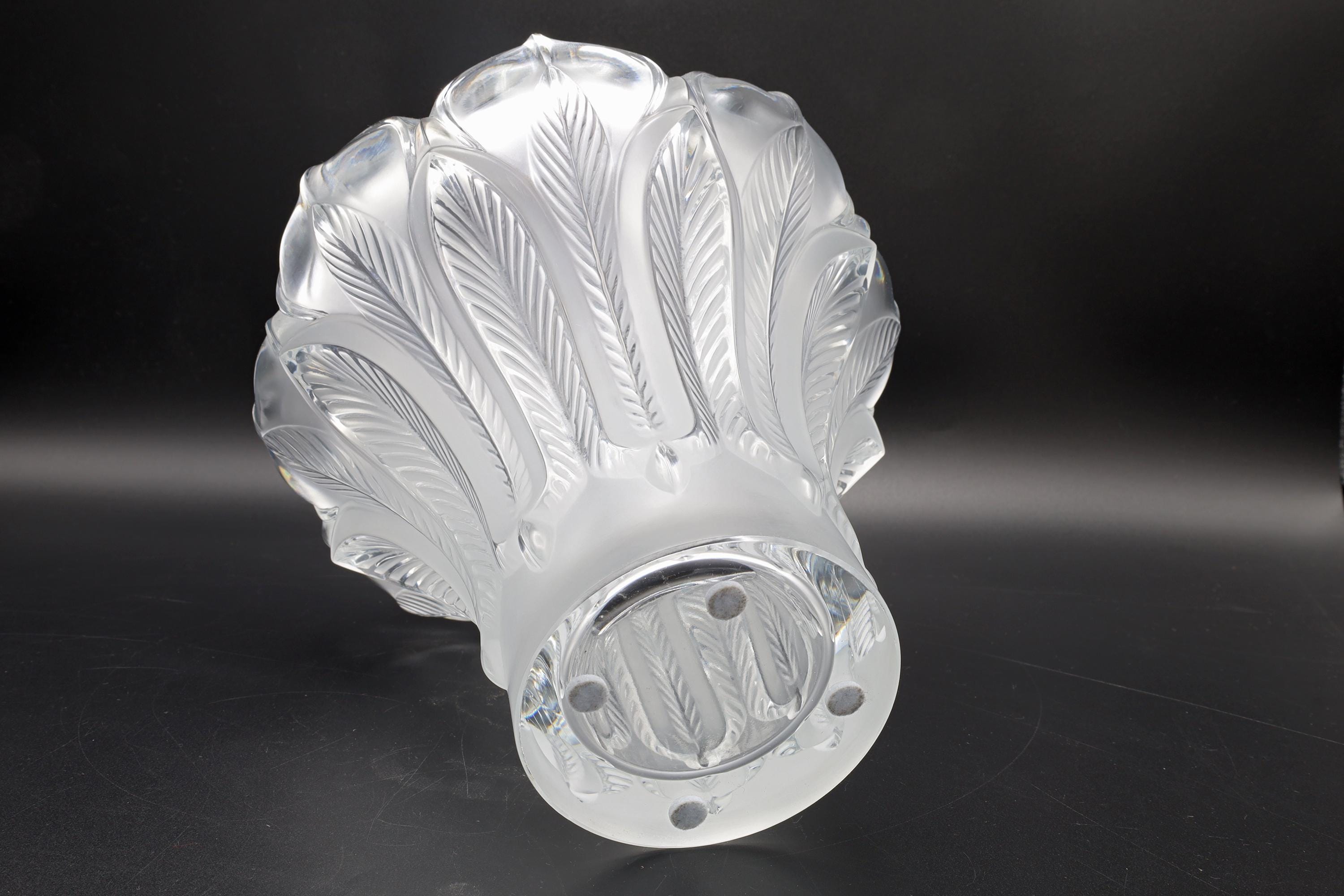 Vintage Lalique Esna Vase, Clear and Frosted Crystal Glass, 1984 Hand Signed, Peacock Feathers Vessel In Art Deco Style, Frosted Cut Glass