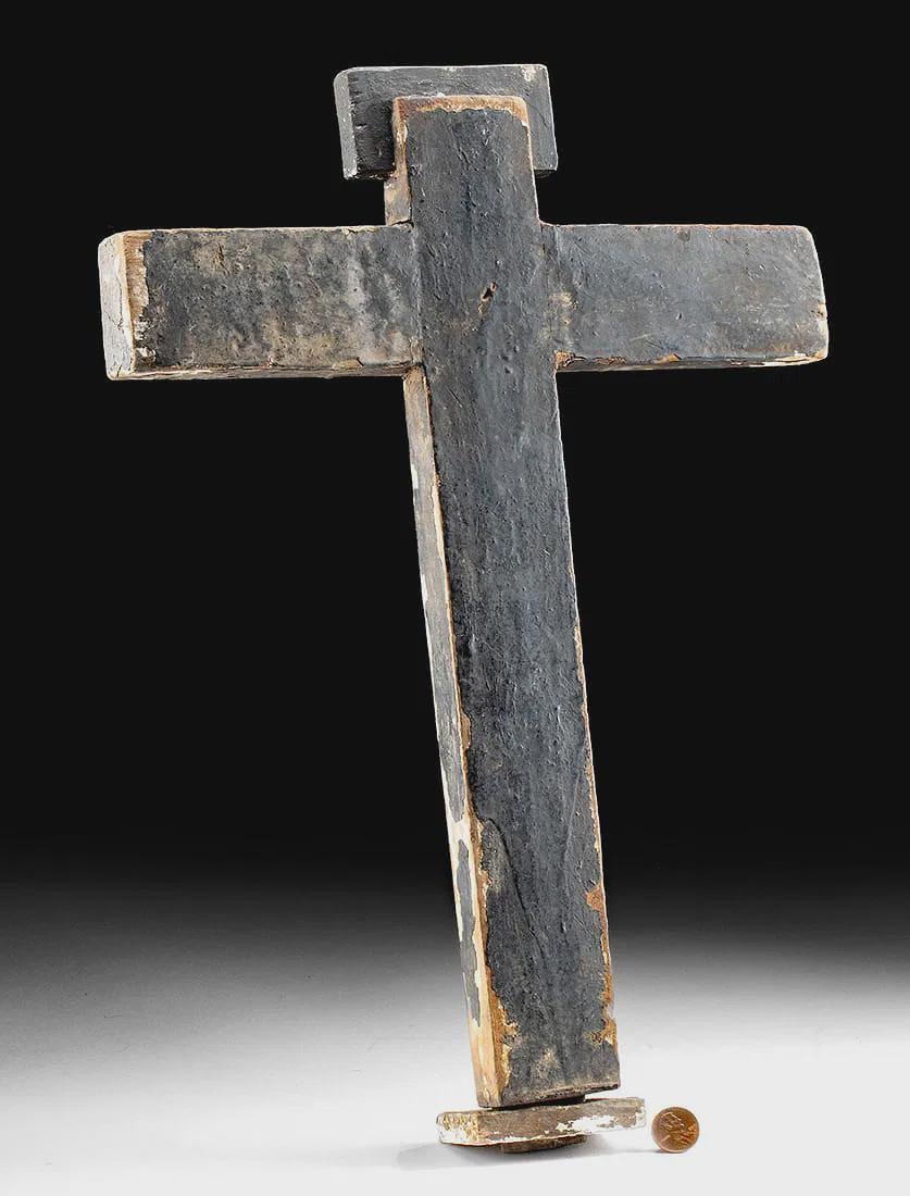 Late 19th Century Catholic Standing Crucifixion, The Holy Cross Of Souls, Cruz De Las Animas, Painted Wood Ex Voto, Mexican Religious Art
