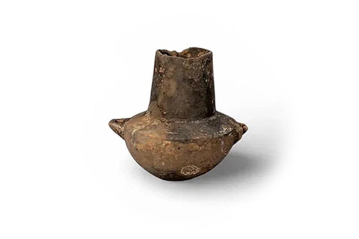 Ancient Cycladic Terracotta Collared Vessel With Two Handles, Neolithic Circa 2700 to 2200 BCE. A Dark Ceramic Utilitarian Vessel Or Jar