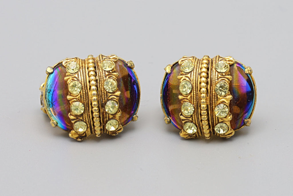 Vintage 1970s Florenza Jewelry, Rare Model, Clip On Earrings With Iridiscente Glass And Clear Rhinestone Accents On Gold Tone Base