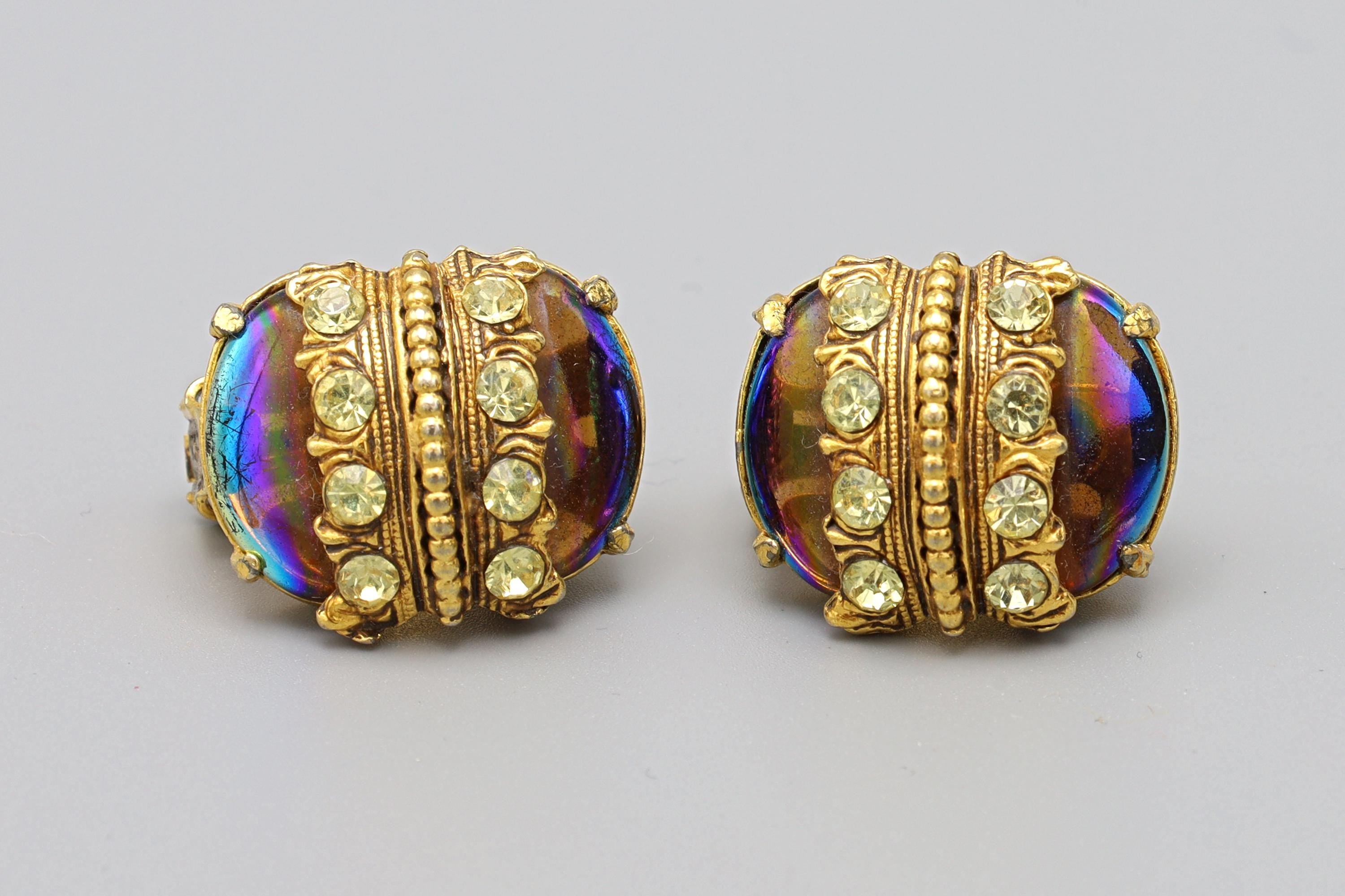 Vintage 1970s Florenza Jewelry, Rare Model, Clip On Earrings With Iridiscente Glass And Clear Rhinestone Accents On Gold Tone Base
