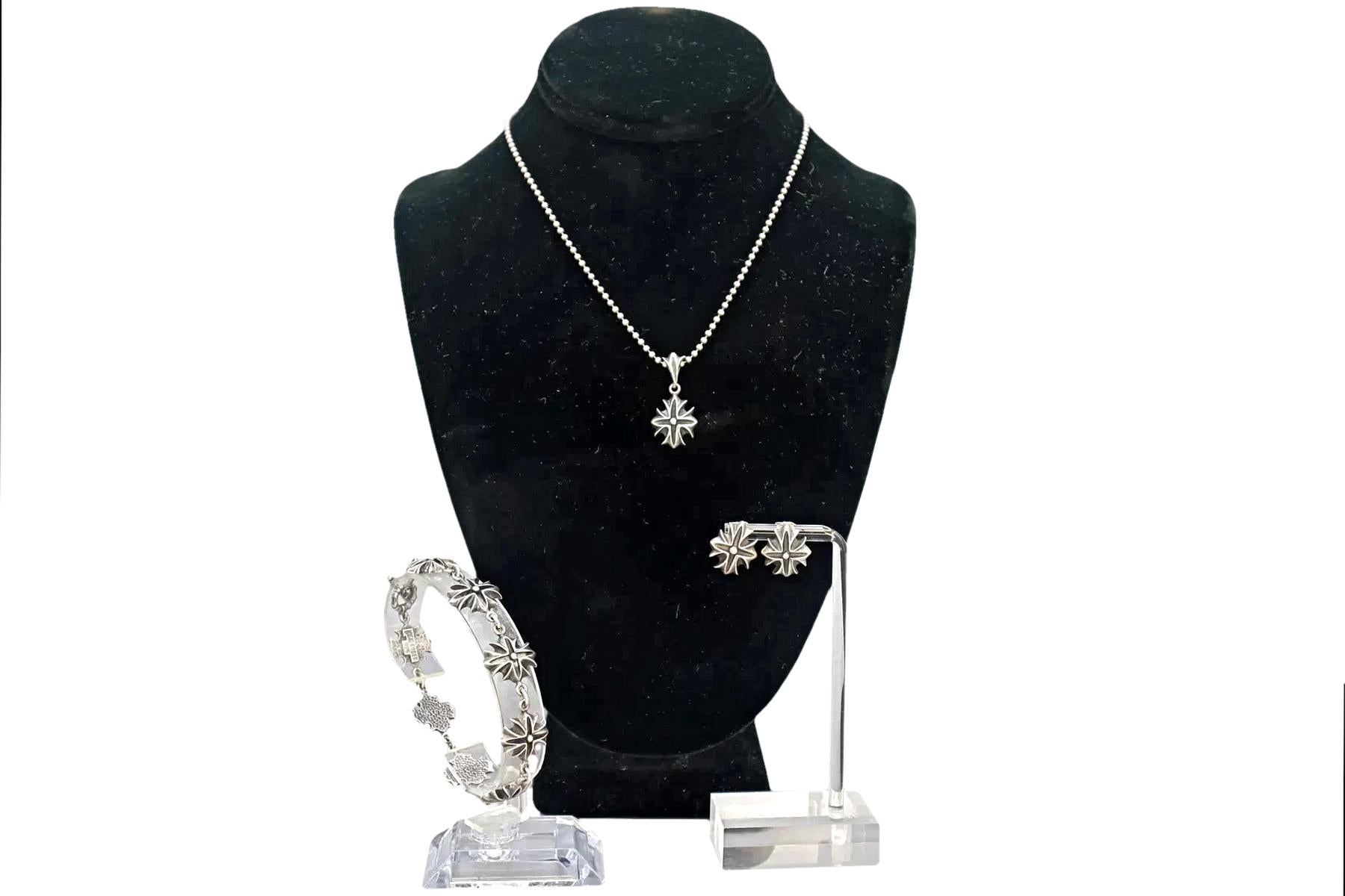 Highlander Sterling Goth Jewelry Set Signed, Pendant Necklace, Stud Earrings, Panel Bracelet, Goth Motorbike Rock and Roll Fashion