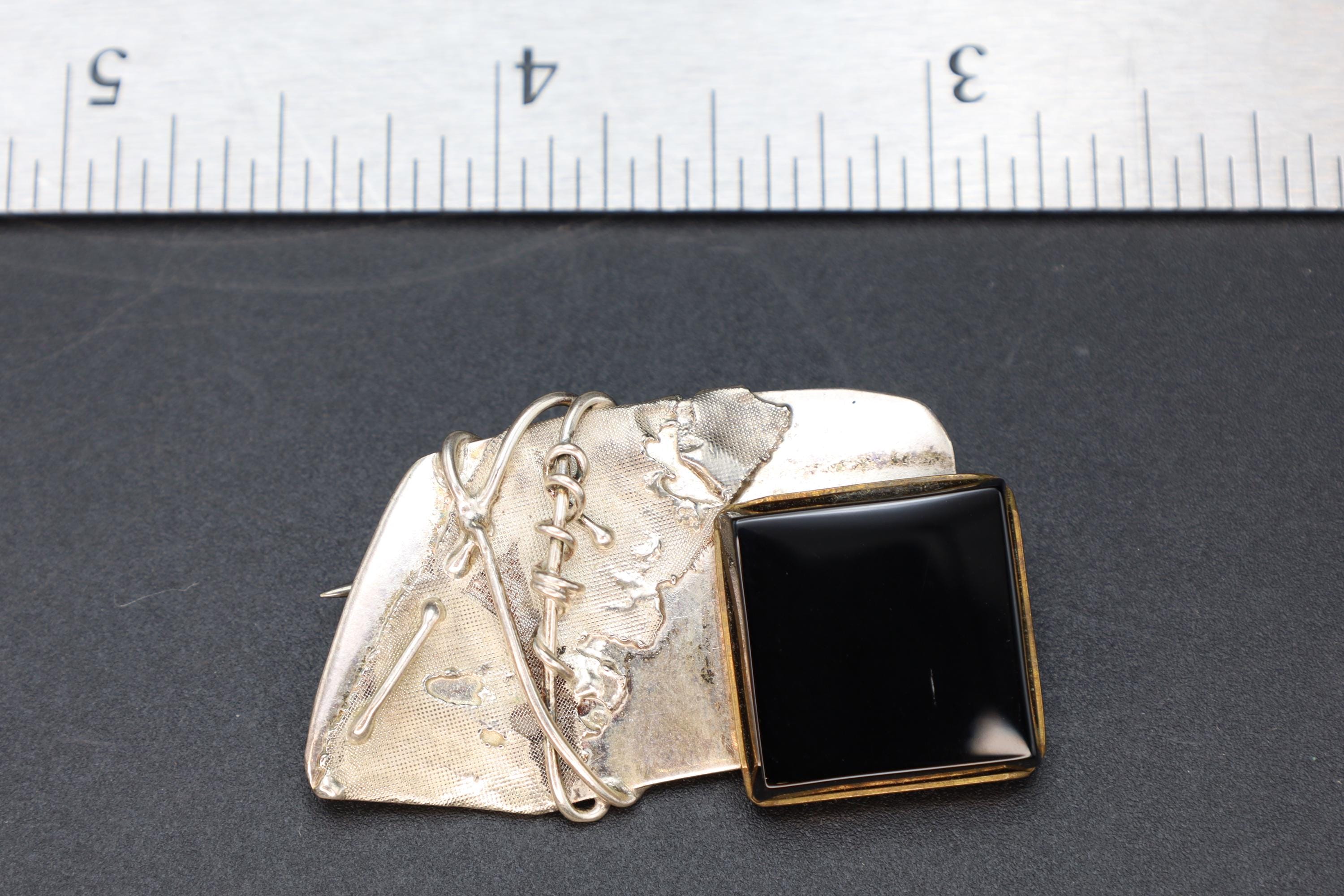 Brutalist Jewelry Brooch Pin, California USA 1980s, Sterling And Black Onyx Cabochon, Modernist Jewelry Art, Retro Fashion Accessories