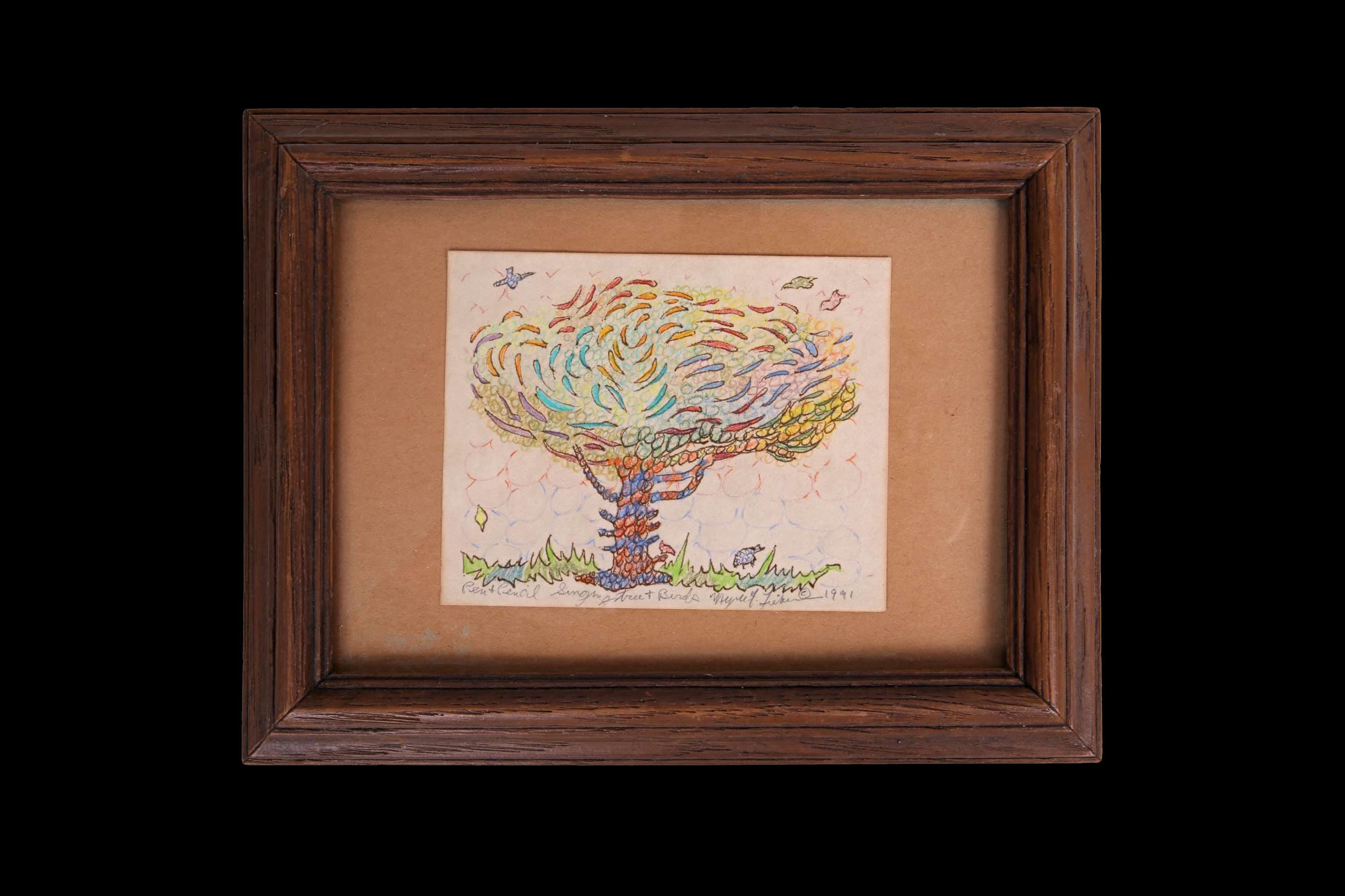 Meyer Frank Lieberman Mixed Media Ink Color Pencil Drawing Painting On Paper, Singing Tree and Birds, 1991 Signed Contemporary Judaica Art
