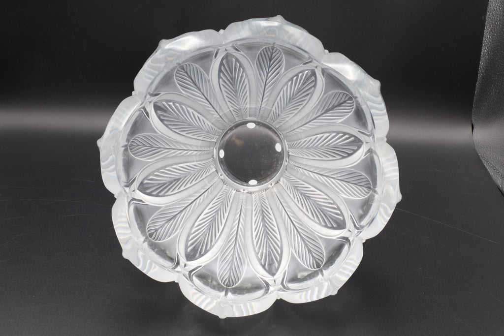 Vintage Lalique Esna Vase, Clear and Frosted Crystal Glass, 1984 Hand Signed, Peacock Feathers Vessel In Art Deco Style, Frosted Cut Glass