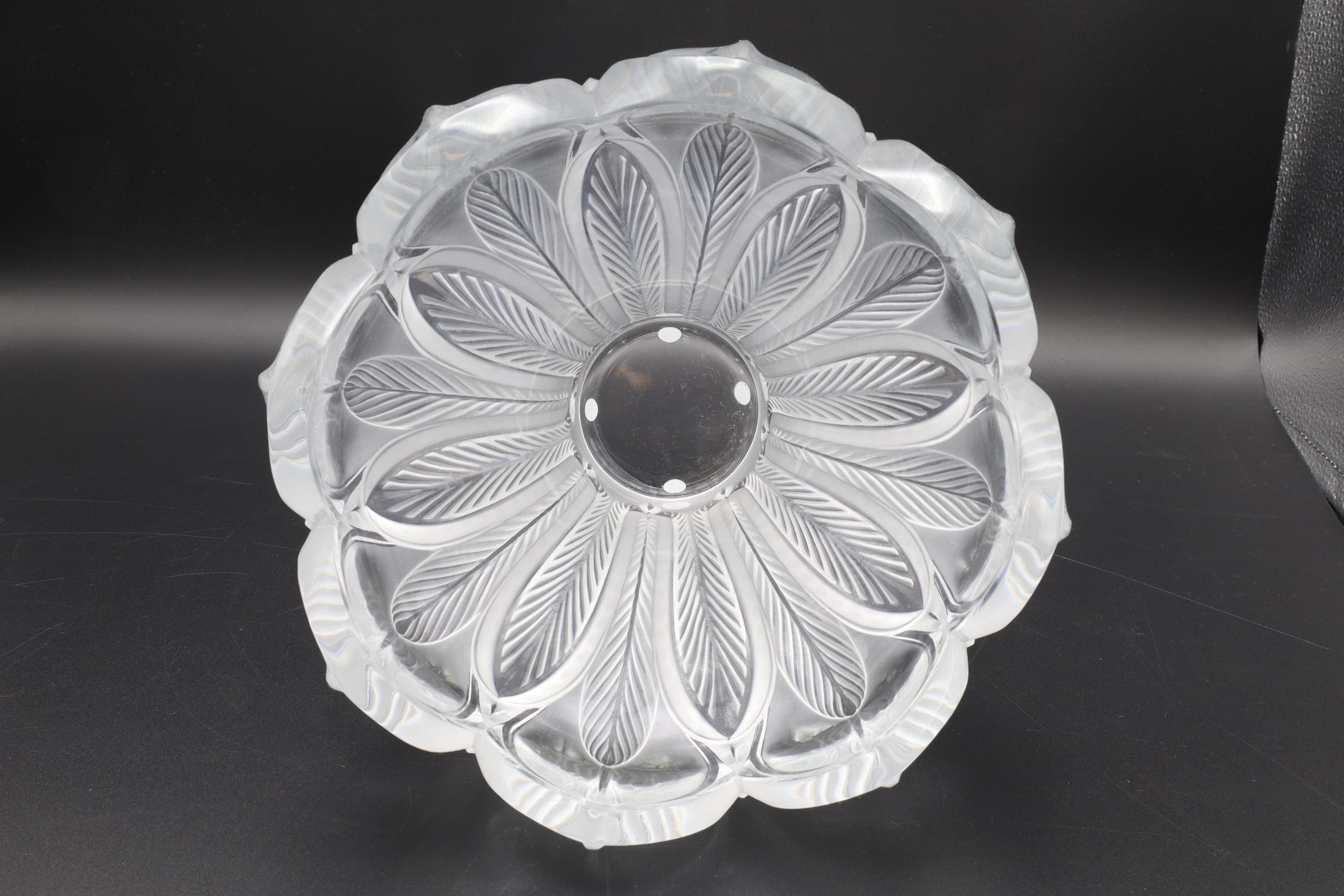 Vintage Lalique Esna Vase, Clear and Frosted Crystal Glass, 1984 Hand Signed, Peacock Feathers Vessel In Art Deco Style, Frosted Cut Glass